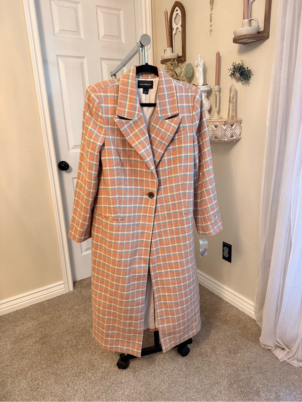 Checkered Long Wool-Blend Coat in Peach and Cream